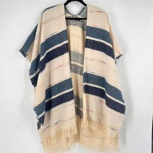 Do Everything In Love Women Striped Fringe Sweater Blue Cream Large Southwestern